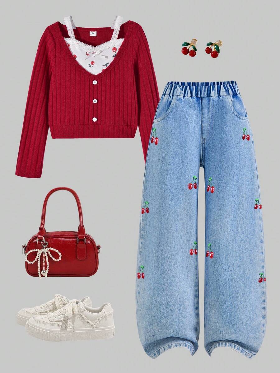 Sparklyn 女童拼布T恤和刺绣牛仔裤，秋冬