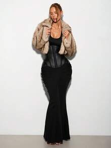 Nuvra 2 件套紧身腰束腰连衣裙，褶皱臀部设计，黑色露背美人鱼连衣裙，休闲性感派对礼服 - 黑色 - 查看 9