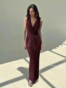 Aloruh New Fashionable Elastic Fitted Waist Plunging Neck Maxi Mesh Party Dress, Sexy & Slimming,Wedding Guest Dress Women,Red Dress,Christmas,New Year Dress