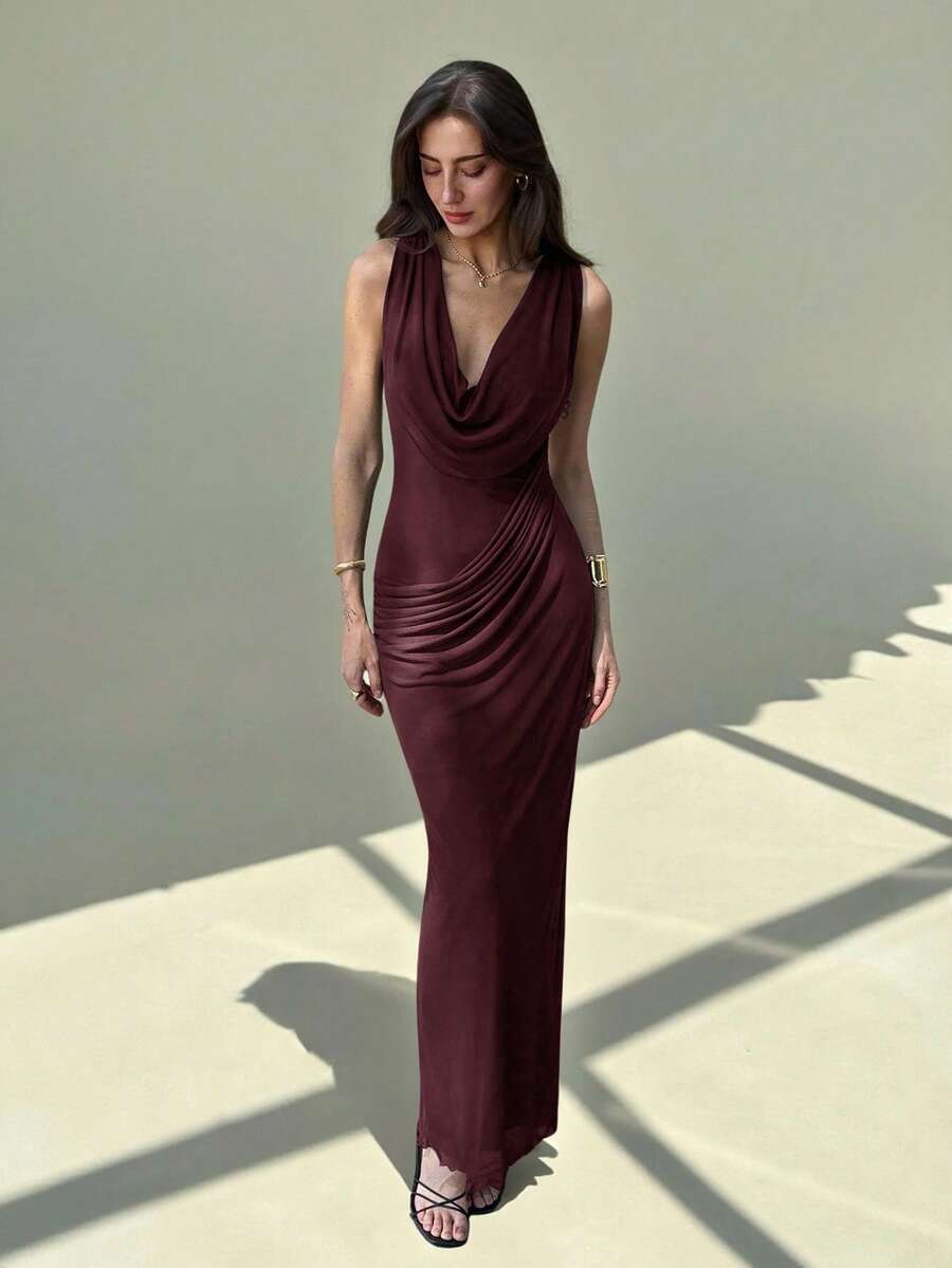 Aloruh New Fashionable Elastic Fitted Waist Plunging Neck Maxi Mesh Party Dress, Sexy & Slimming,Wedding Guest Dress Women,Red Dress,Christmas,New Year Dress