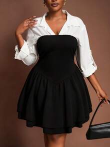 Veslaya 春秋新款优雅派对约会晚宴毕业典礼通勤休闲修身撞色黑白拼接V领长袖喇叭下摆大码衬衫裙，女士优雅连衣裙，新年连衣裙 - J - 黑與白 - 查看 8