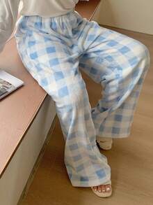 Dazy Plus 格子图案弹力腰宽松直筒保暖内衬蓬松舒适睡裤，大码女款，秋冬款 - 淺藍色 - 查看 4