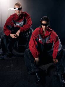 NEON BLANC X LYSMO COLLAB Áo khoác dài tay in chữ màu tương phản dành cho nam, Đồ đôi - Đỏ - Xem 4