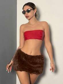 EgrlEra 女士性感蓬松酒红色低腰迷你裙 - 咖啡棕 - 查看 4