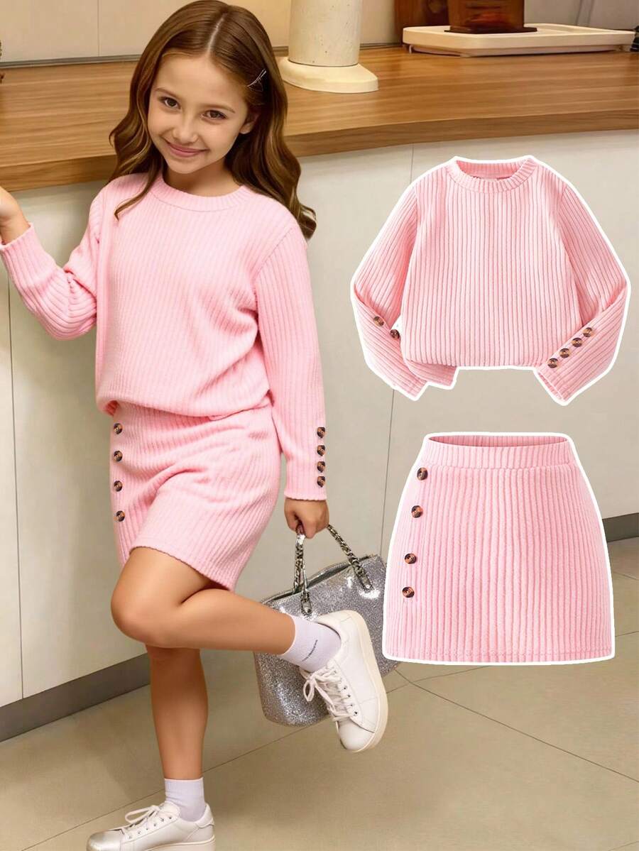 Elladie kids 2pcs/Set Young Girls Pink Textured Long Sleeve T-Shirt And Textured Button Skirt - Pink - View 1