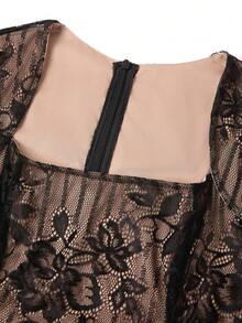 Ellevyn 女式方领长袖收腰紧身蕾丝连衣裙，优雅日常穿着，性感派对社交活动穿着