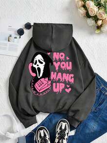 Tseoso Casual Loose Fit Dark Grey Sweatshirt Halloween Pink Letter Mask Ghost Graphic Print Loose Fit Plus Size Hoodie, Suitable For Fall/Winter, Halloween, Skull, Bones, Ghost, Pumpkin, Party, Trick Or Treat Hoodies Y2k Cute Hoodies Custom Hoodie Kpop Clothes Hoodies Graphic
