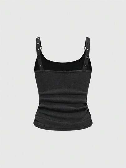 Grunge Punk Débardeur sexy à encolure dégagée pour femmes avec rivets et strass, style punk rock Y2K