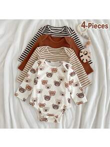 Loomiva 4件套新生女宝宝条纹针织柔软圆领长袖连体衣套装 - 彩色 - 查看 1