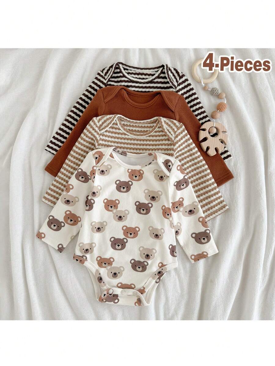 Loomiva 4件套新生女宝宝条纹针织柔软圆领长袖连体衣套装 - 彩色 - 查看 1