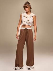 Hanevo 女装秋季新款撞色松紧腰抽绳口袋休闲哈伦裤，适合日常和运动穿着 - 彩色 - 查看 4