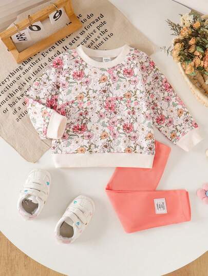 SHEIN 2 Stücke Baby Mädchen Floral & Hase Muster Sweatshirt Set, locker & bequem Pullover Hoodie + Hose, modisch & vielseitig