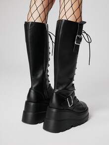 ROMWE Grunge Punk Giày bốt cao đến đầu gối, đế dày PU phong cách Gothic thời trang 2025, giày bốt đi xe máy, giày bốt cao gót đế xuồng, ống chân thon cho mùa thu/xuân - màu đen - Xem 5