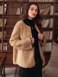 Louniche Áo khoác cardigan dáng rộng, cài nút tương phản, dáng suông, thời trang thường ngày, đi làm hàng ngày cho nữ, thu/đông - Màu be - Xem 5