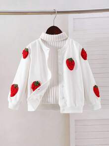 Cardigan casual fofo para meninas, gola redonda, manga comprida, tecido texturizado, tricô 3D, bordado de morango, com cós elástico, solto, reto, design desgastado, jeans bordado de morango, conjunto de moda outono para meninas, todas as estações - Branco - Ver 3
