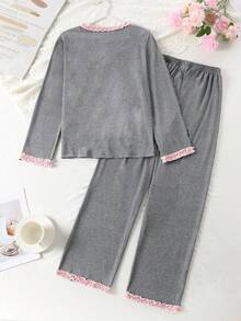 Sparklyn 少女荷叶边长袖睡衣套装，甜美舒适，春秋冬荷叶边长袖睡衣套装 - 灰色 - 查看 2
