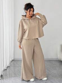 Elenzga Plus Size Women Loose Hooded Textured Two Pieces Set, Casual For Daily Commute