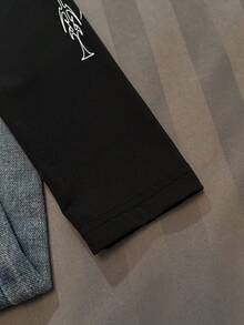 Attitoon 95%棉 白色街頭圖案印花女款純色修身連帽T恤，秋季 - 黑色 - 查看 5
