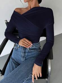 Firerie Women's Casual Asymmetrical Neck Long Sleeve Fitted T-Shirt, Solid Color, Spring/Autumn,Fall,Fall Clothes For Women