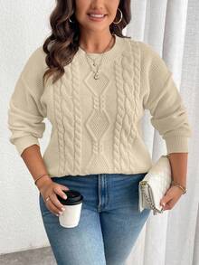 EMERY ROSE Plus Size Women Casual Everyday Commute Simple Solid Color Dropped Shoulder Loose Cable Knit Pullover Sweater, Autumn/Winter - Apricot - View 4