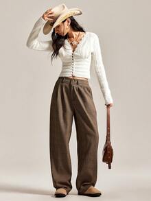 Easelle 格纹条纹休闲裤，适合秋冬 - 棕色 - 查看 6