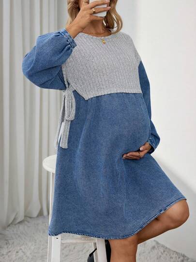 SHEIN Maternity Fall Autumn Winter Halloween Christmas New Year Thanksgiving Commuting Vacation Party Wedding Elegant Business Casual Woman Country Vintage Modest Old Money Work Clothes Teacher Outfits For Women Church Outfits Women Patchwork Ribbed Design Drop Shoulder Long Sleeve Loose Casual Denim Dress 2-In-1 Maternity Dress With Lantern Sleeves And Knotted Side, Two-Tone, Long Sleeve, Solid Color Pregnant Women Blue Dress