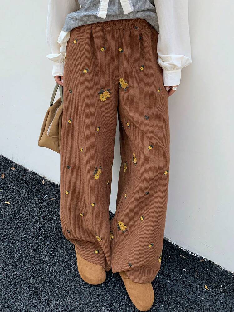 Dazy Plus Elastic Waist Corduroy Fashion Small Yellow Flower Embroidered Loose Casual Long Pants For Plus Size Women, Autumn/Winter