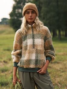 Medorelle 女士宽松长款加绒半拉链卫衣，带口袋，适合秋冬季、圣诞节、新年等户外休闲穿着 - 綠色 - 查看 4