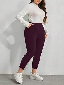 EMERY ROSE Plusstorlek Dam Enfärgade Elastiska Midjefickor Sidoslits Nedan Casual Byxor - Bourgogne - Visa 3