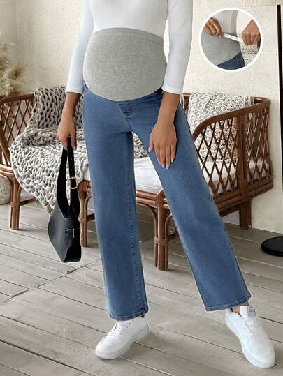 SHEIN 孕妇高腰纯色休闲百搭直筒牛仔裤