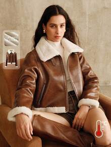 Anewsta Chaqueta corta de mezcla de piel sintética brillante marrón y lana, con adorno de piel elegante, adecuada para otoño, invierno, salidas, elegante, chic, formal