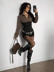 StreetHx 街头服饰女式条纹拼色腰部收紧长袖衬衫，秋季 - 棕色 - 查看 8