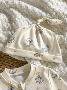 Loomiva 5pcs Newborn Baby Boy/Girl Cute Bear Pattern Comfortable Outfit Set - , Jumpsuit, Hat, Swaddle Blanket, Mittens