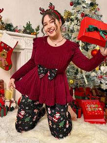 SHEIN Essnce Plus Size Women's Autumn And Winter Fashion Casual High Elastic Comfortable Red Waist Top And Christmas Print Leggings Two Pieces Set, Mother And Daughter Clothes,Christmas Outfit For Women - Red - View 3