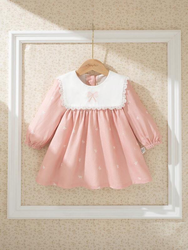 Souflis Souflis 2025 Autumn/Winter New French Retro Light Pink Long Sleeve Bow Decor Dress, Suitable For Outings And Multiple Occasions, Baby Girls Dress