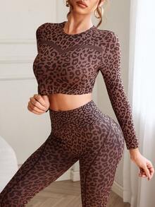 Slayform 女士长袖豹纹性感健身瑜伽T恤 - 彩色 - 查看 5