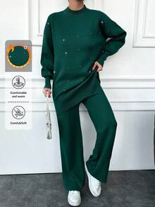 EURMUSE Women's Stand Collar Beaded Drop Shoulder Long Sleeve Sweater And Sweater Pants Two Piece Set - Dark Green - View 1