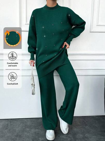 EURMUSE Women's Stand Collar Beaded Drop Shoulder Long Sleeve Sweater And Sweater Pants Two Piece Set