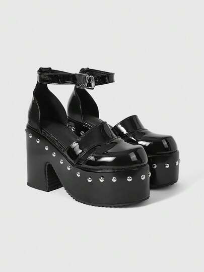 Grunge Punk Mocasines de mujer con suela gruesa, tacón de cuña, decoración de remaches y correa de tobillo con hebilla