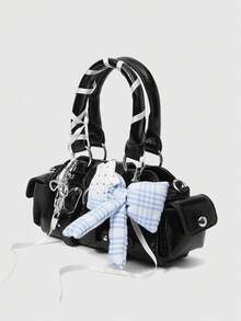 ROMWE Grunge Punk Y2K Glossy Flip Top Handbag - Black - View 5