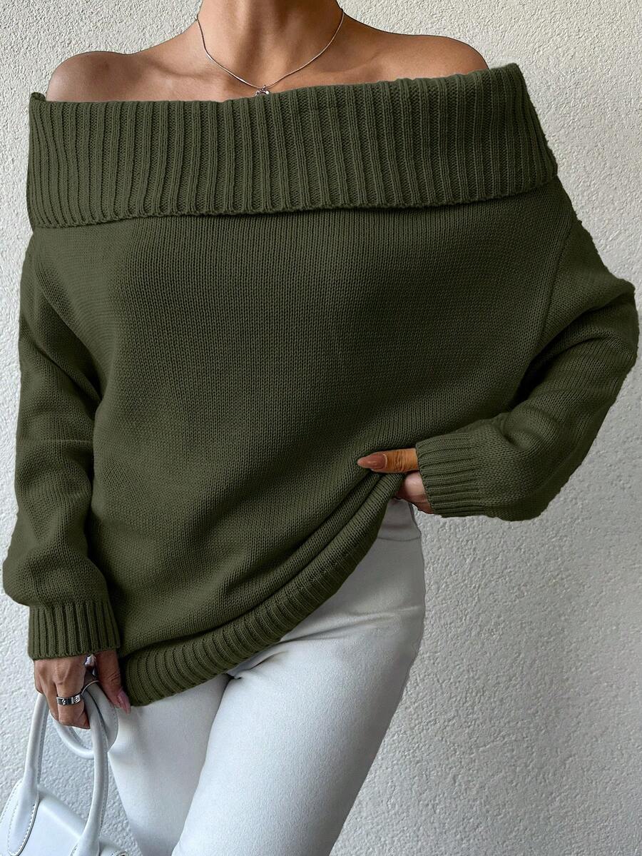 EURMUSE Women's Casual Solid Color Off-Shoulder Loose Sweater, Autumn/Winter - Army Green - View 1