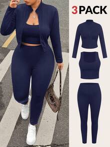 SHEIN EZwear Plus Size Black Sleeveless Jacket, Elastic Lightweight Yoga Sports 3 Pieces Set