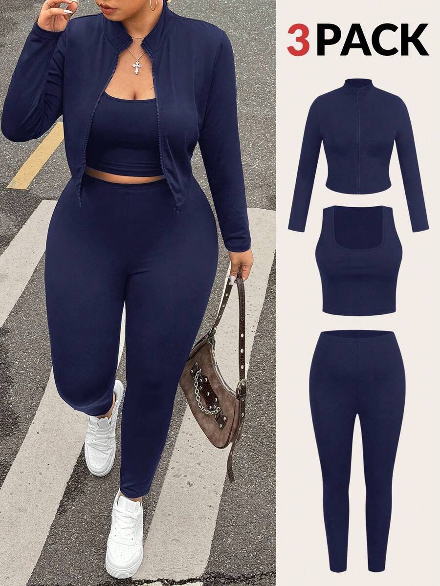 SHEIN EZwear Plus Size Black Sleeveless Jacket, Elastic Lightweight Yoga Sports 3 Pieces Set