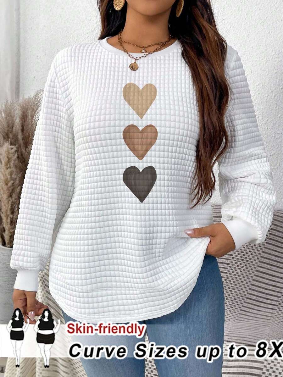 SHEIN CURVE+ 大码女式休闲纹理面料宽松连帽衫，适合女式秋装、冬装、CURVE PLUS - 白色 - 查看 1