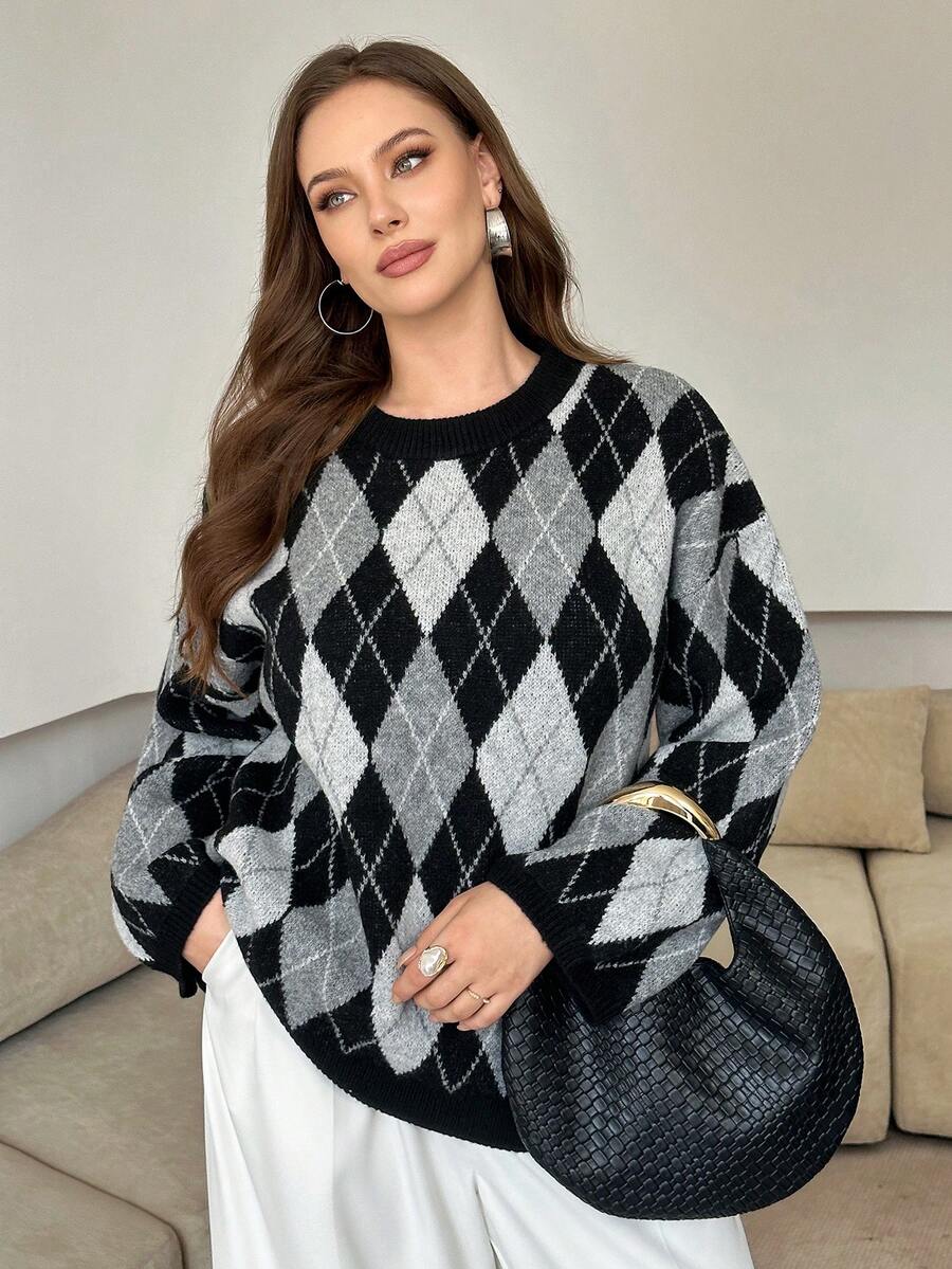 Modelyn Suéter holgado de punto con patrón de diamantes, efecto estilizante, talla grande, estilo casual, otoño/invierno - Gris - Ver 1