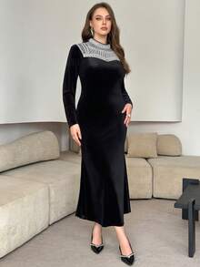 Modelyn Plus Size Elegant Dress With Beaded Collar Patchwork - Black - View 1