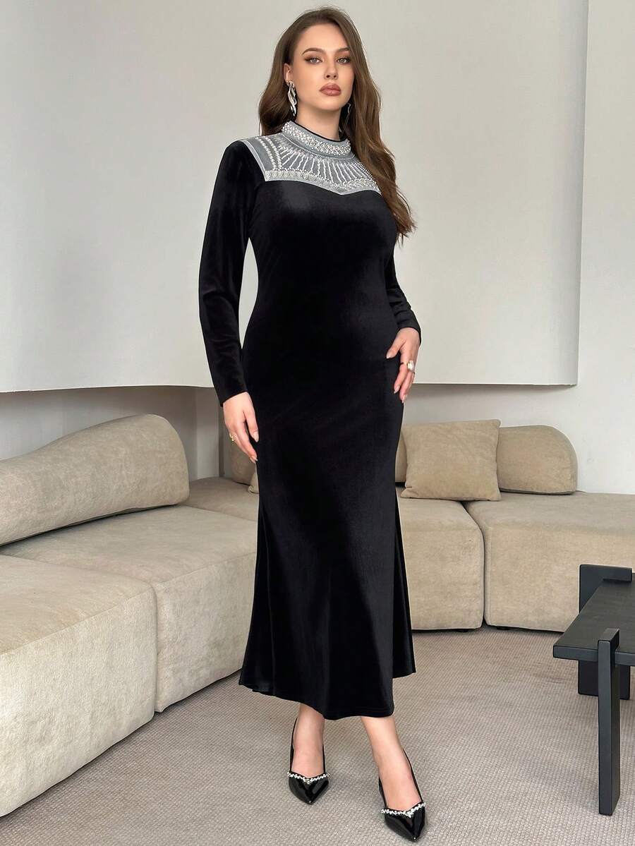 Modelyn Plus Size Elegant Dress With Beaded Collar Patchwork - Black - View 1