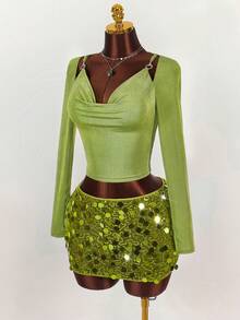 Y2K Amplova Christmas New Year Thanksgiving Sequins Party Vintage Wild Plunging Neckline Sexy Design Long Sleeve Top Fairycore Mermaid Green - Green - View 6