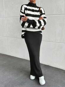 EURMUSE 2pcs Women Ribbed Stand Collar Dropped Shoulder Long Sleeve Sweater And Ribbed Knit Dress Set - Dark Grey - View 3