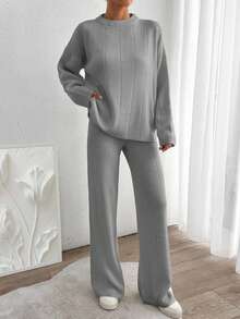 EURMUSE Women Solid Color Rib Knit Sweater & Sweater Pants Set - Grey - View 7